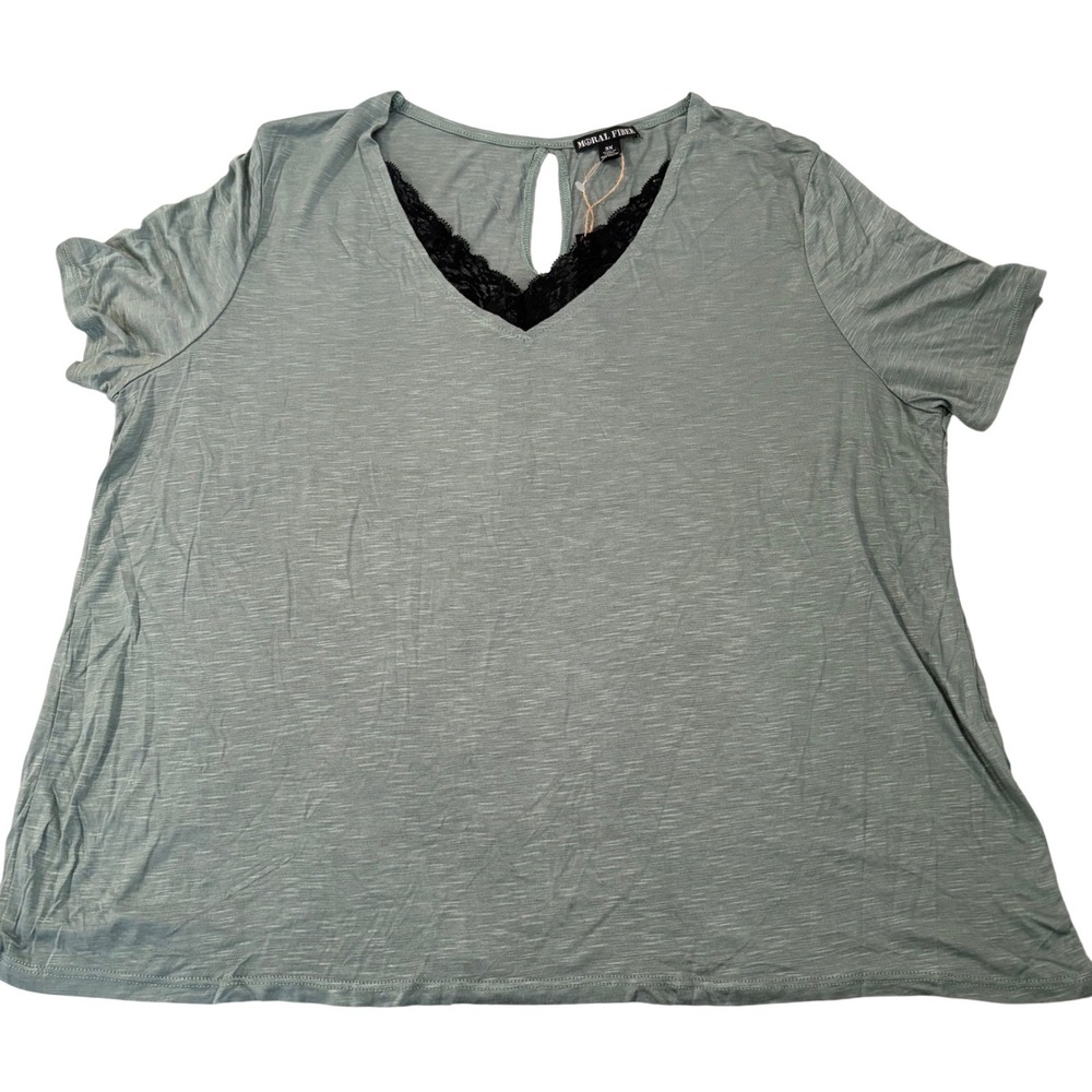 MORAL FIBER Plus Size 3X Sage Green Lace Trim V Neck Keyhole Back Tunic Top